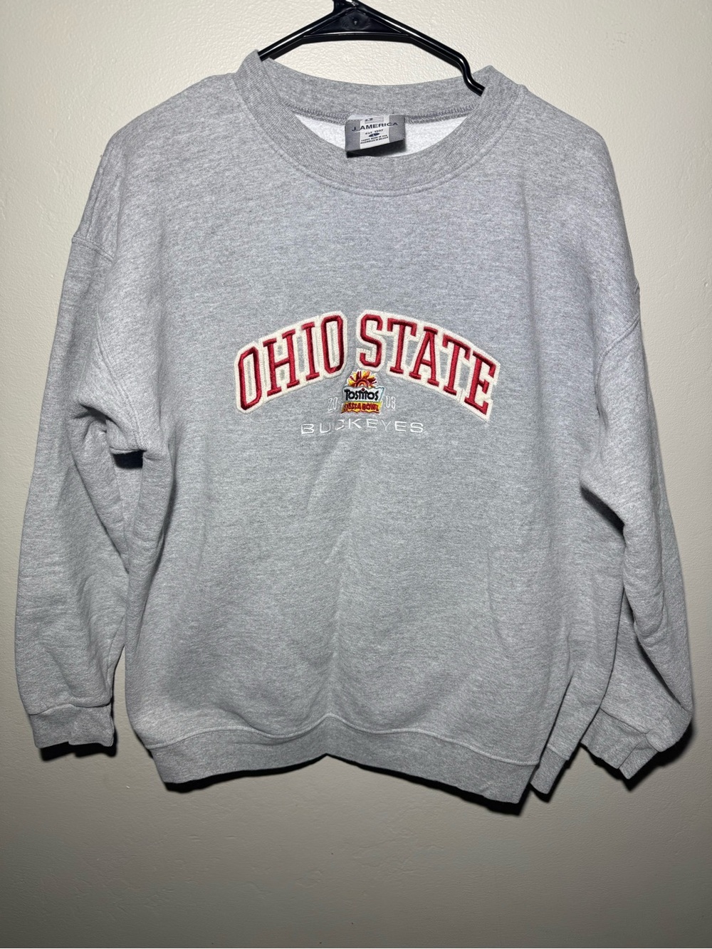 J. America Gray Crewneck Sweatshirt with Red Lettering